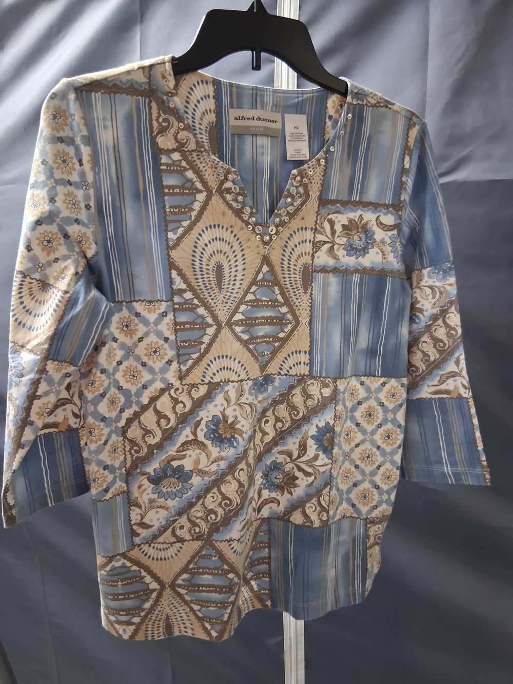 Alfred Dunner Blue and Tan Patchwork Tunic Button-Down Shirt